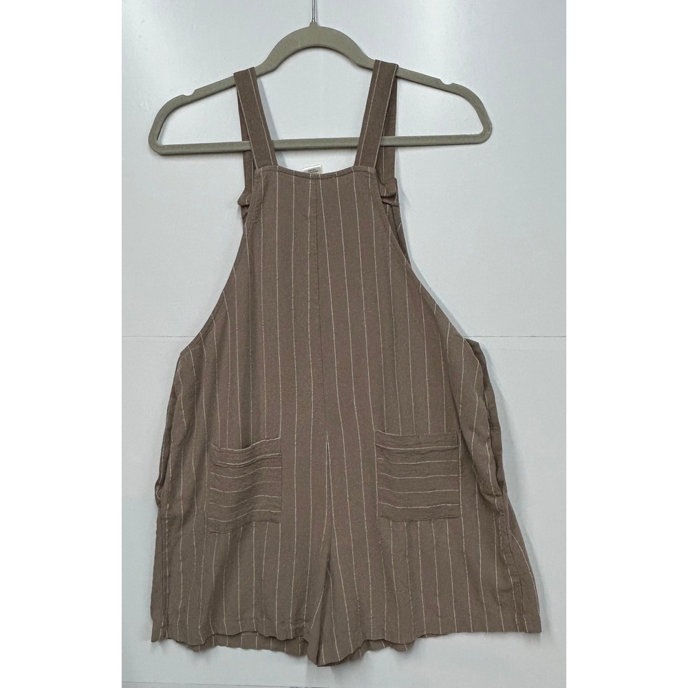 Urban Romantics Womens Taupe Pinstripe Linen Blend Shortall Romper Size L - Picture 2 of 11